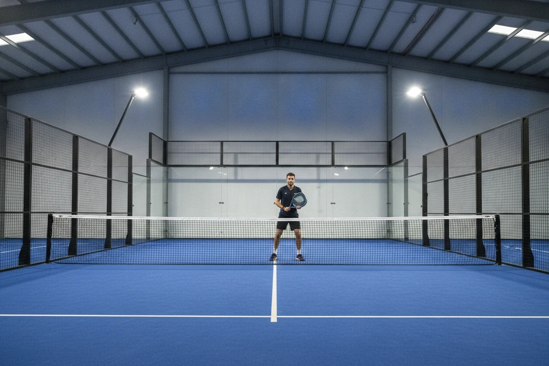 Joueur de padel préparant une amortie au filet, terrain indoor bleu