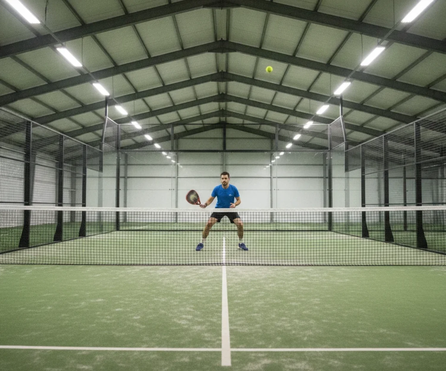 Joueur de padel jouant une amortie au filet, terrain indoor vert