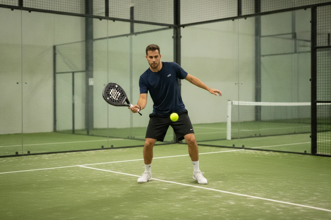 Joueur de padel attaquant en bajada après un lob, terrain indoor rouge