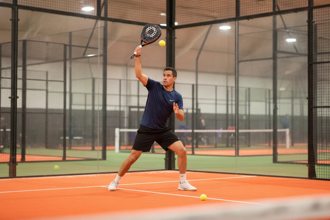 Joueur de padel travaillant sa bajada à l'entraînement, terrain indoor orange