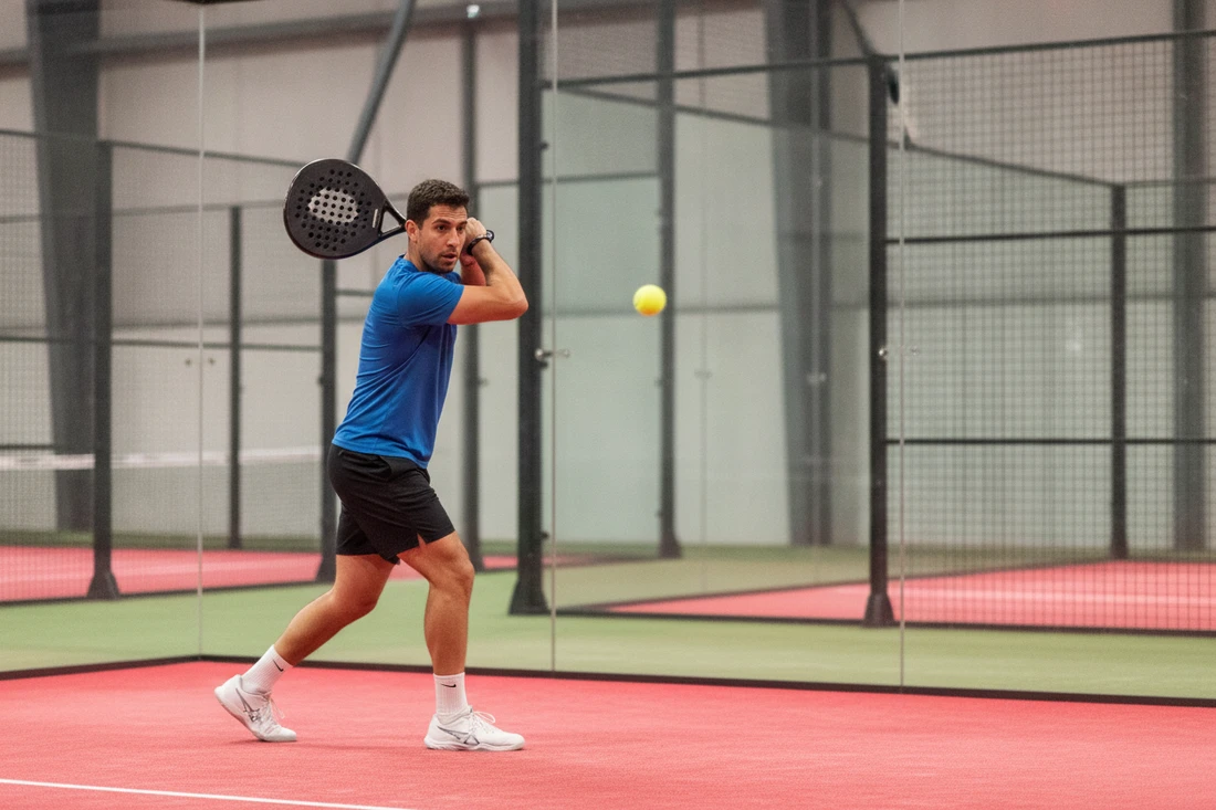 Joueur de padel exécutant une bajada sur la balle qui redescend de la vitre, terrain indoor orange