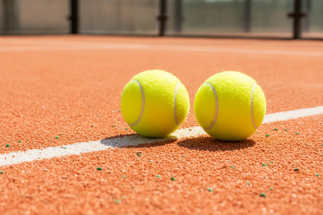 Deux balles de padel sur un court orange, texture du feutre