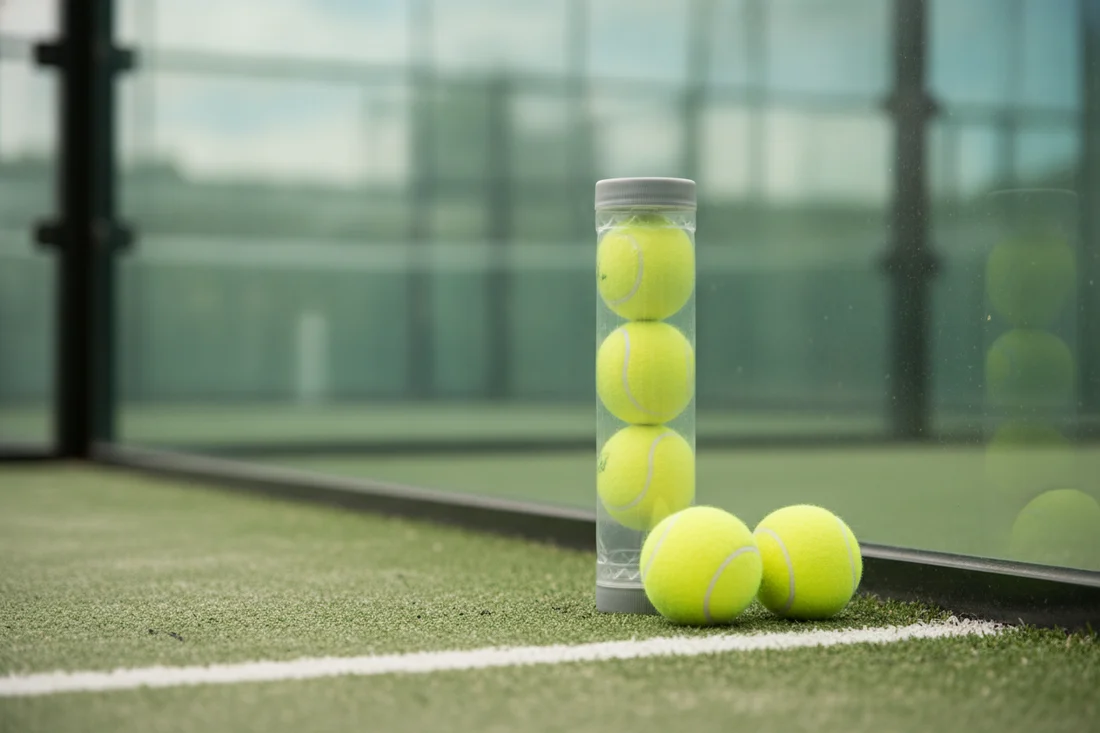 Tube de balles de padel pressurise au bord du court vert
