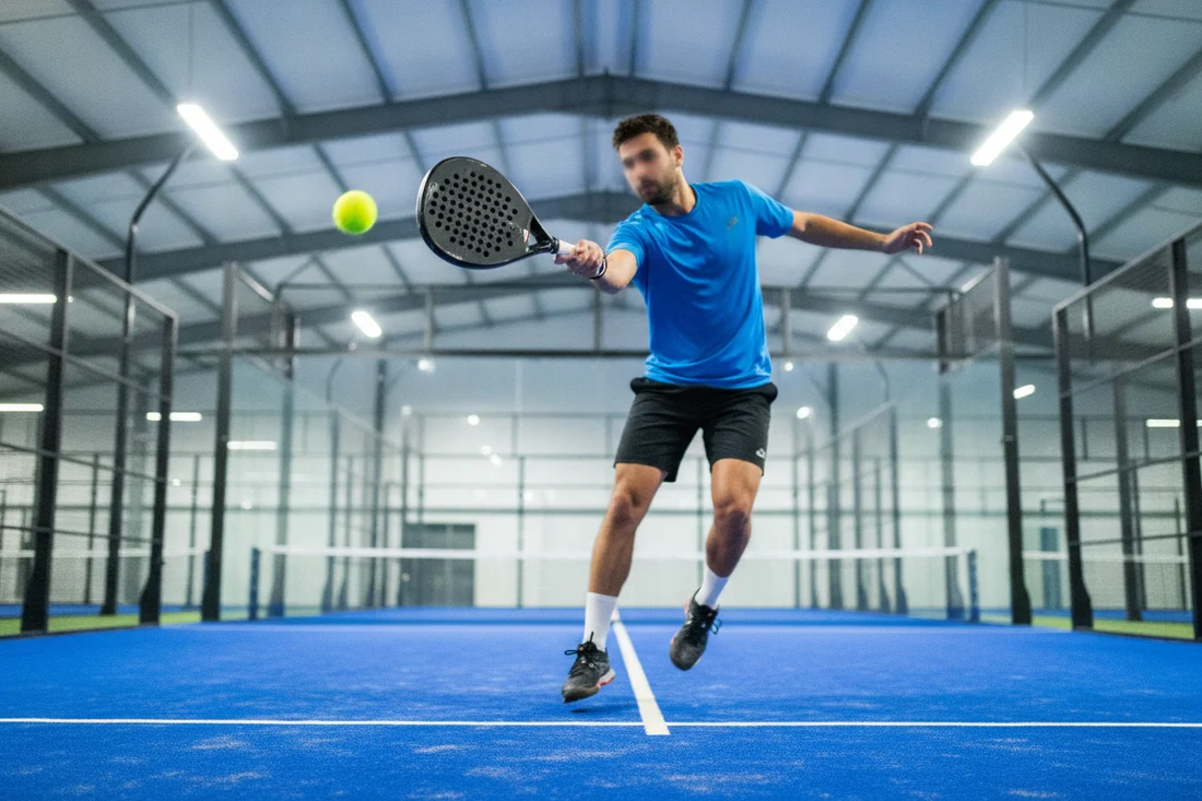 Joueur de padel frappant une balle en indoor, court bleu