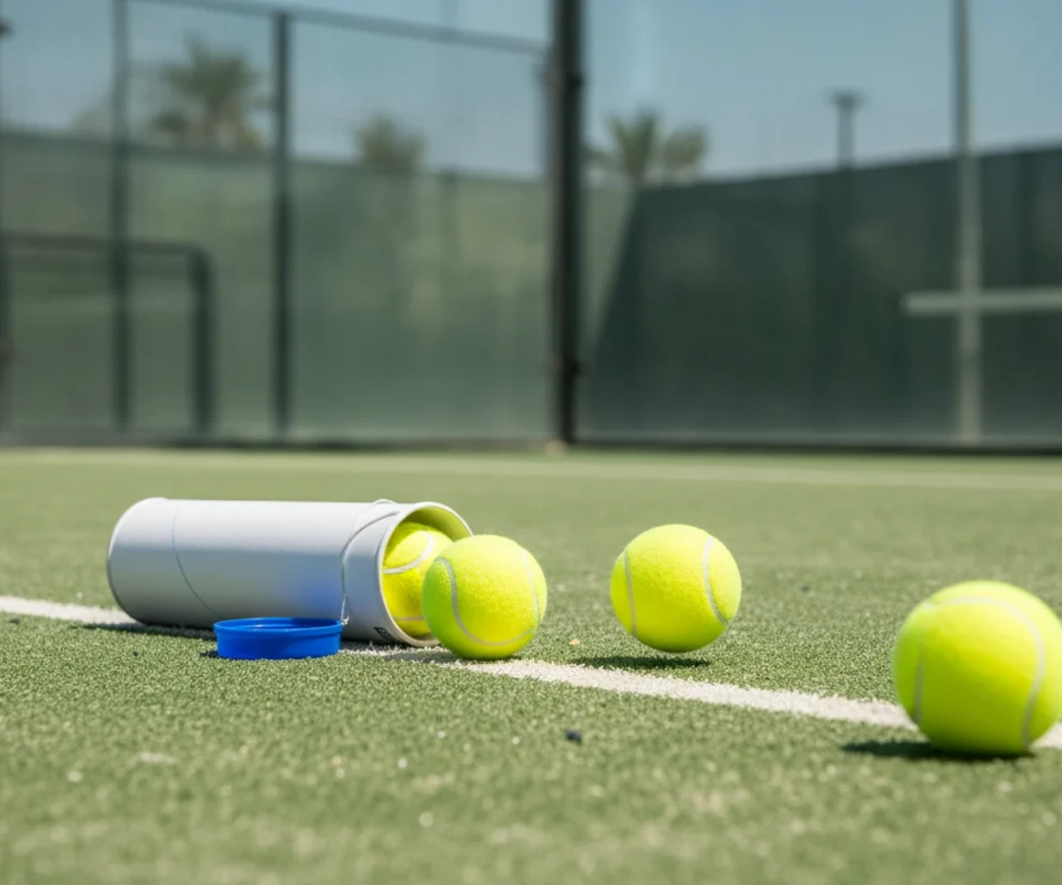 Tube de balles de padel ouvert sur un court vert
