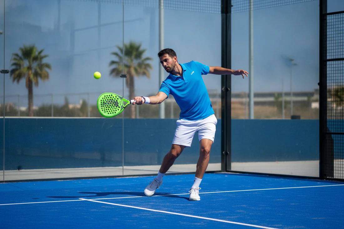 Joueur de padel frappant une bandeja sur le cote