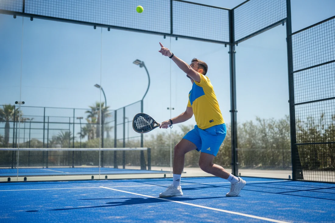 Joueur de padel en position de bandeja, balle pointee