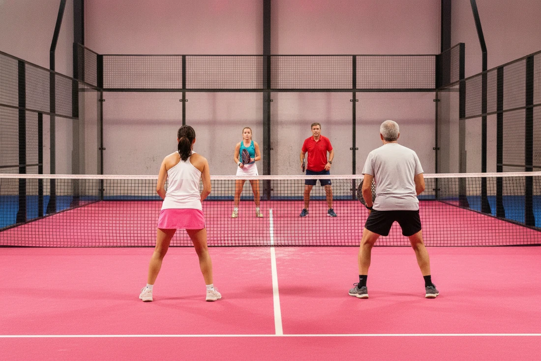 Joueurs de padel d'âges différents profitant d'une partie accessible, terrain indoor rose