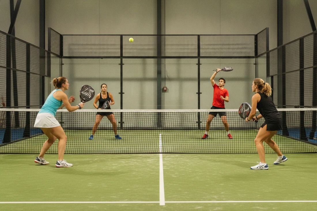 Joueurs de padel en plein effort physique lors d'un échange, terrain indoor vert