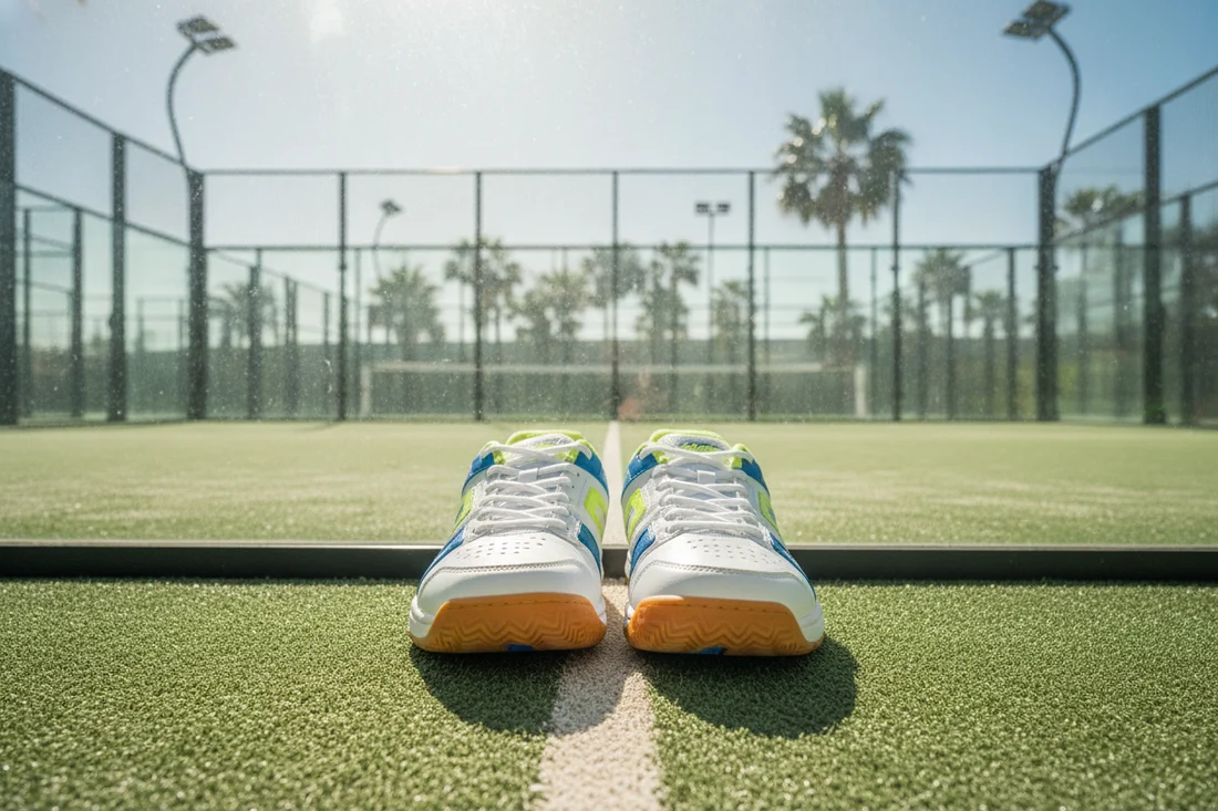 Chaussures de padel rangees au bord du court vert