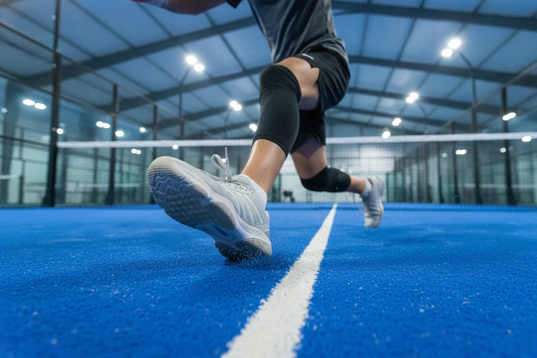 Appuis lateraux en padel indoor, chaussures sur turf bleu