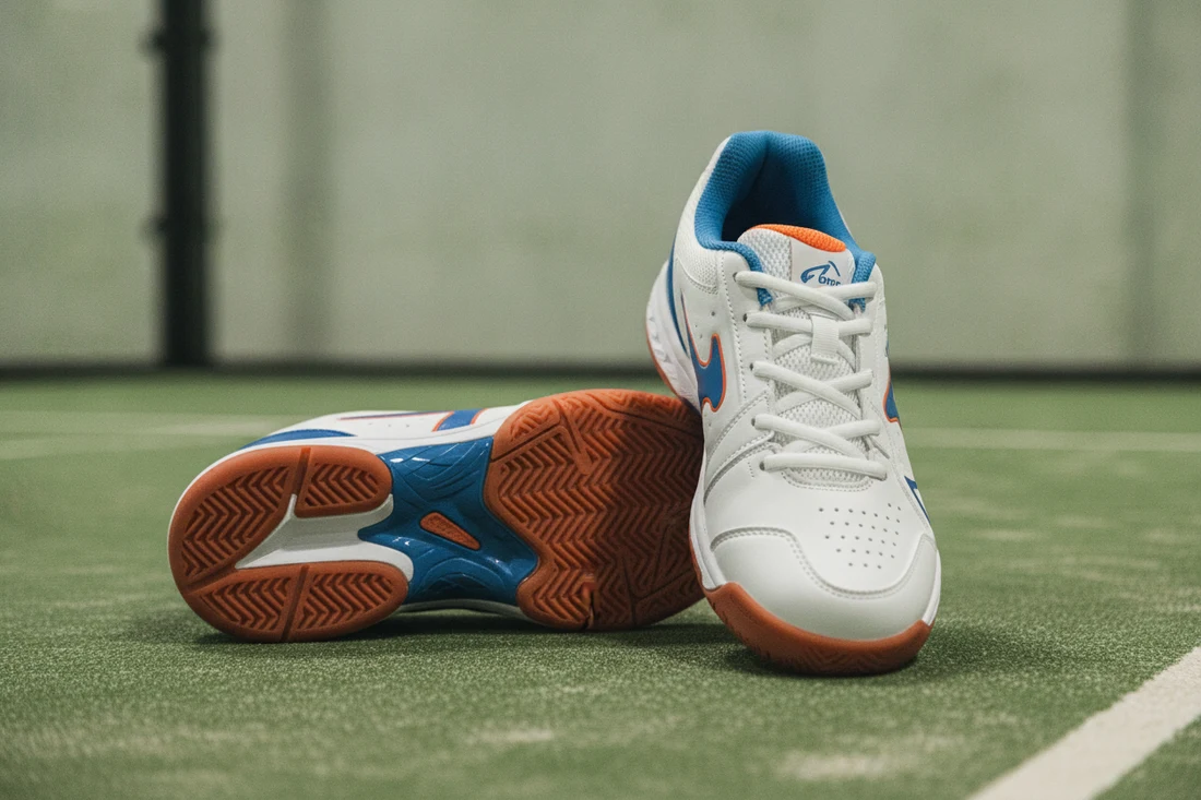 Deux chaussures de padel cote a cote, semelle a chevrons visible, indoor