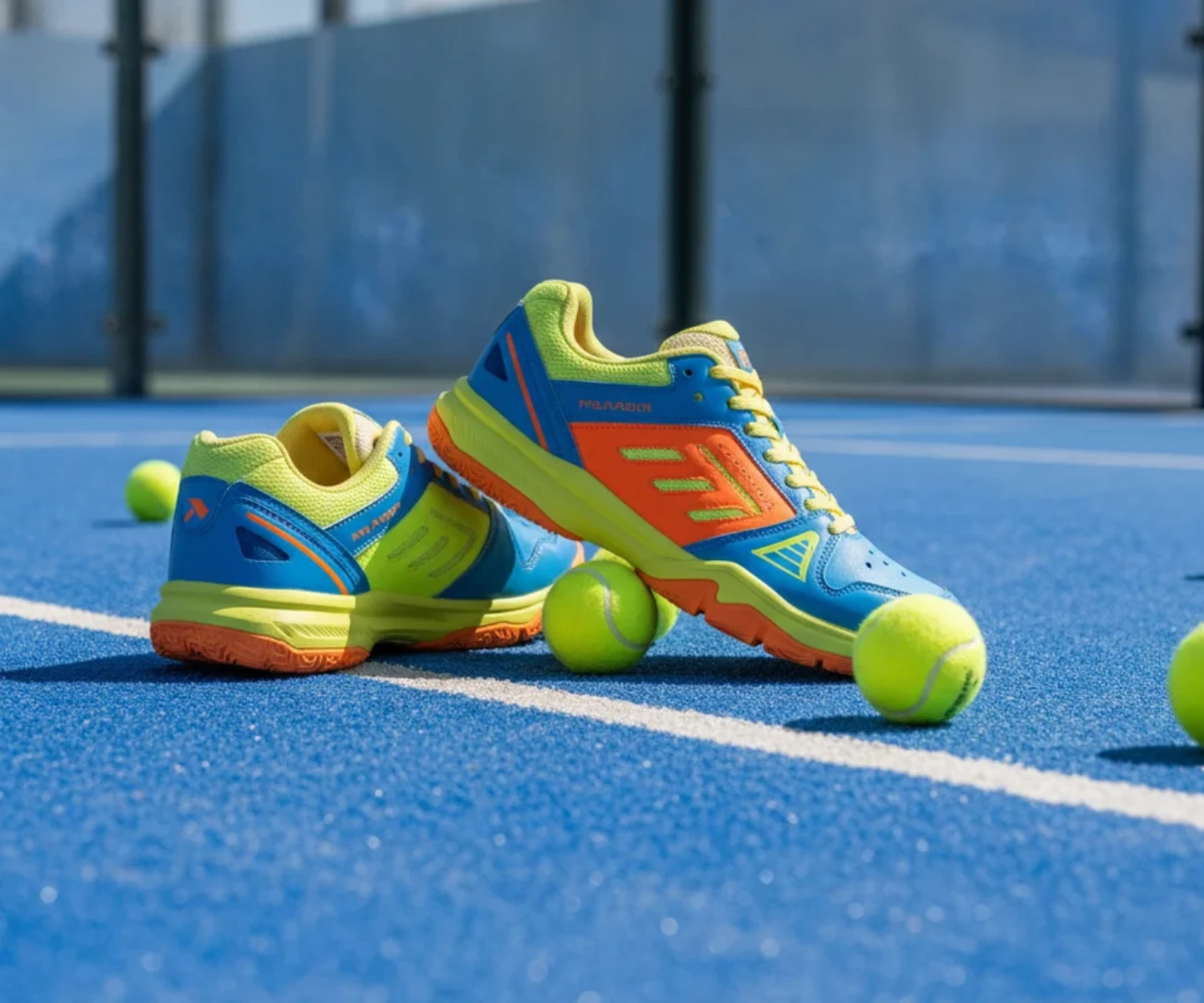 Paire de chaussures de padel sur un court bleu