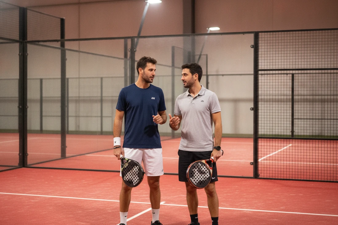 Deux joueurs de padel échangeant avant un match pour former leur paire, terrain indoor rouge