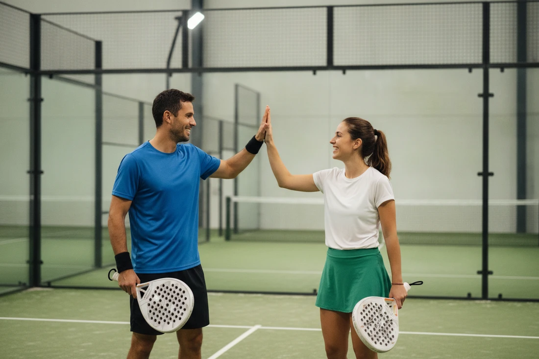 Paire de padel complice célébrant un point, terrain indoor vert