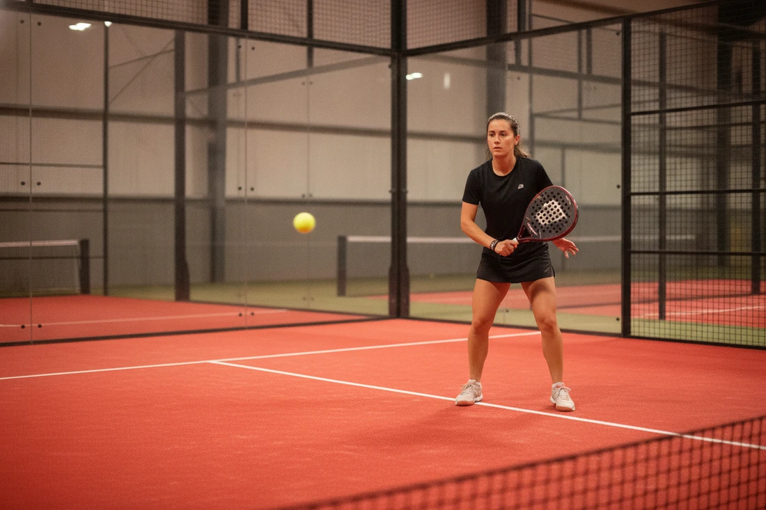 Joueur de padel côté droit sécurisant l'échange sur un terrain indoor au sol rouge