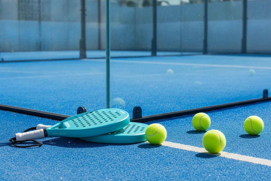 Raquettes de padel posees au bord du terrain