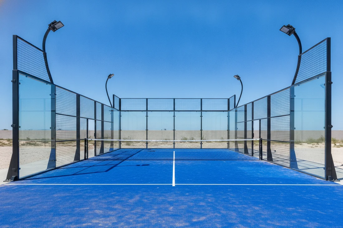 Terrain de padel ferme par des parois vitrees et grillage