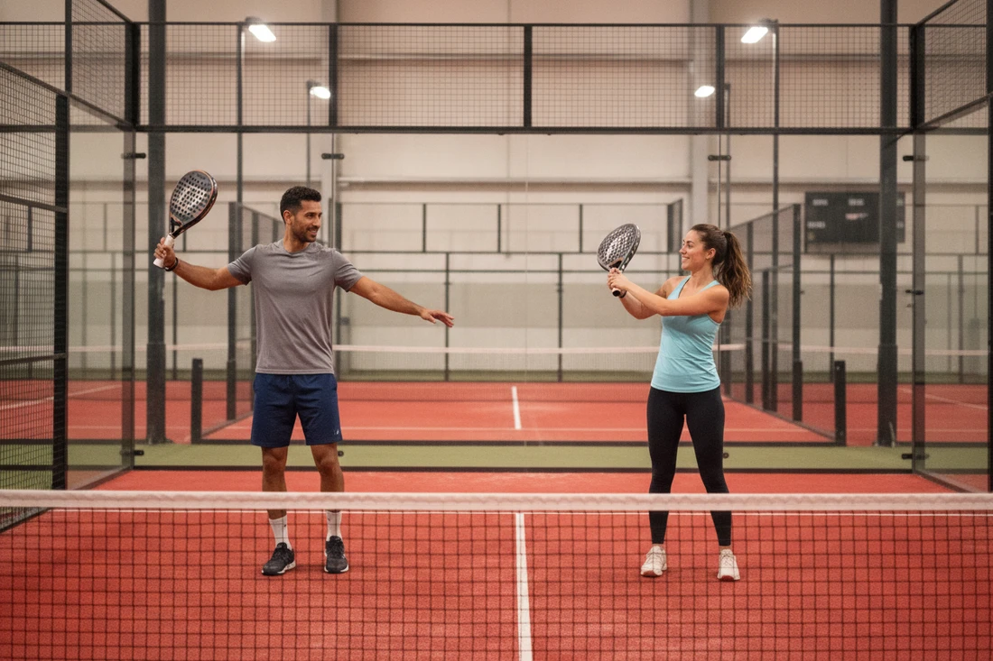 Deux joueurs de padel à l'échauffement dynamique en indoor sur sol rouge