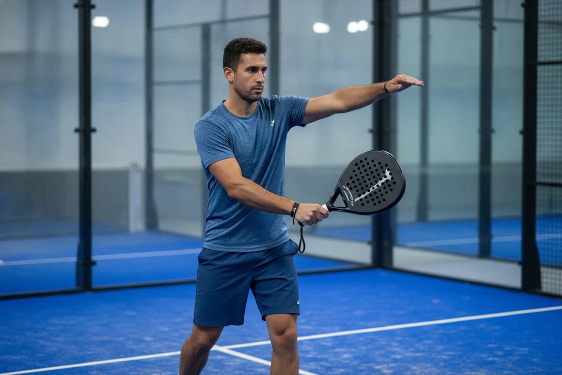 Joueur de padel échauffant son épaule en indoor sur sol bleu