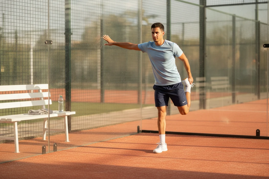 Joueur de padel s'étirant après le match sur un terrain extérieur au sol orange