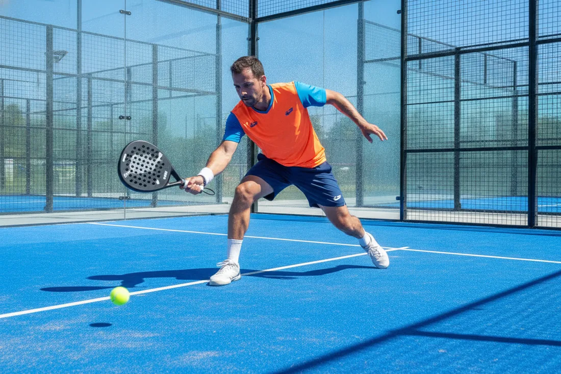 Joueur de padel en plein effort intense sur un court bleu