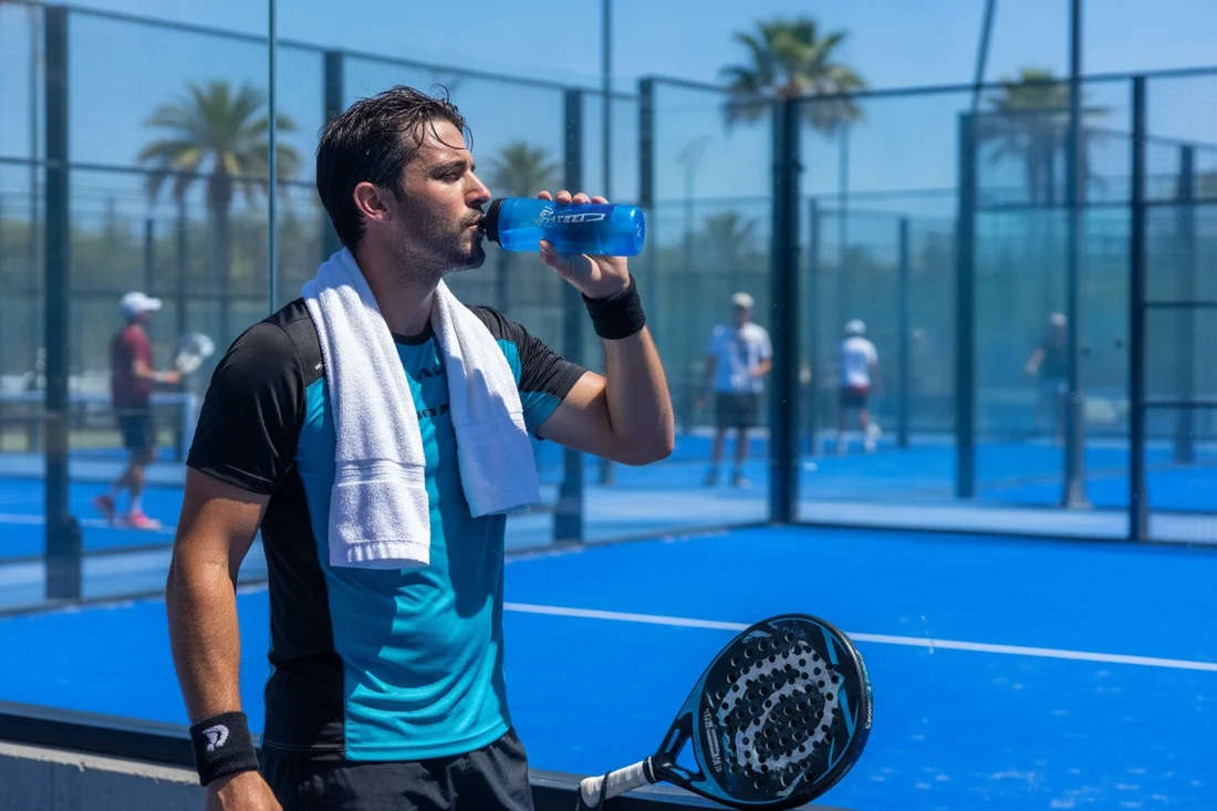 Joueur de padel s'hydratant pour recuperer entre deux matchs