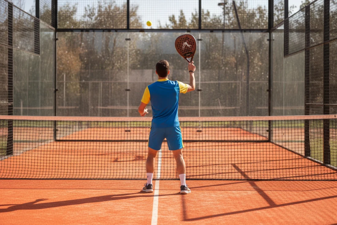 Joueur de padel jouant un lob defensif, court orange