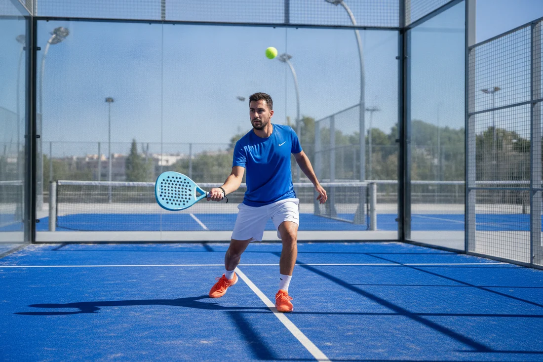 Joueur de padel jouant un lob offensif, court bleu