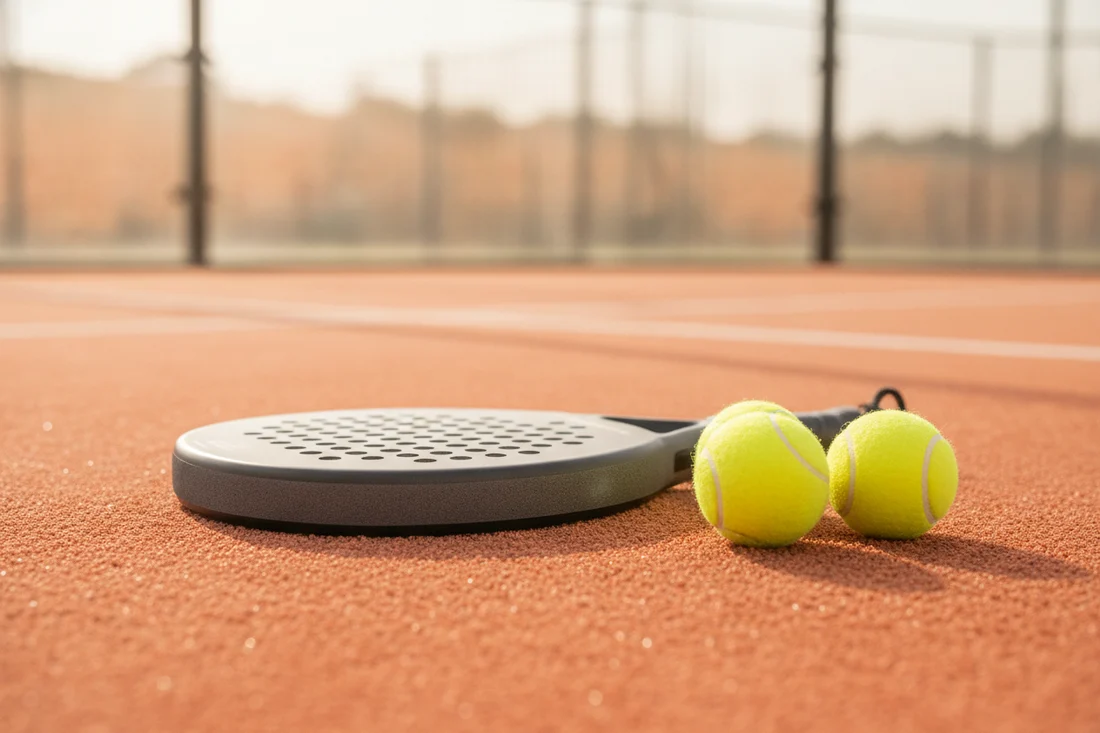 Raquette de padel et balles sur un court orange, detail du plan de frappe