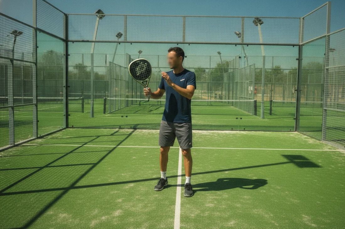 Joueur de padel essayant une raquette, court vert