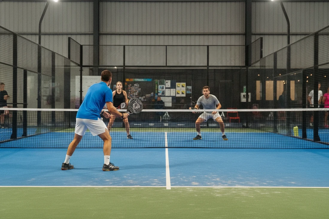 Joueurs de padel concentrés sur un point important, terrain indoor vert