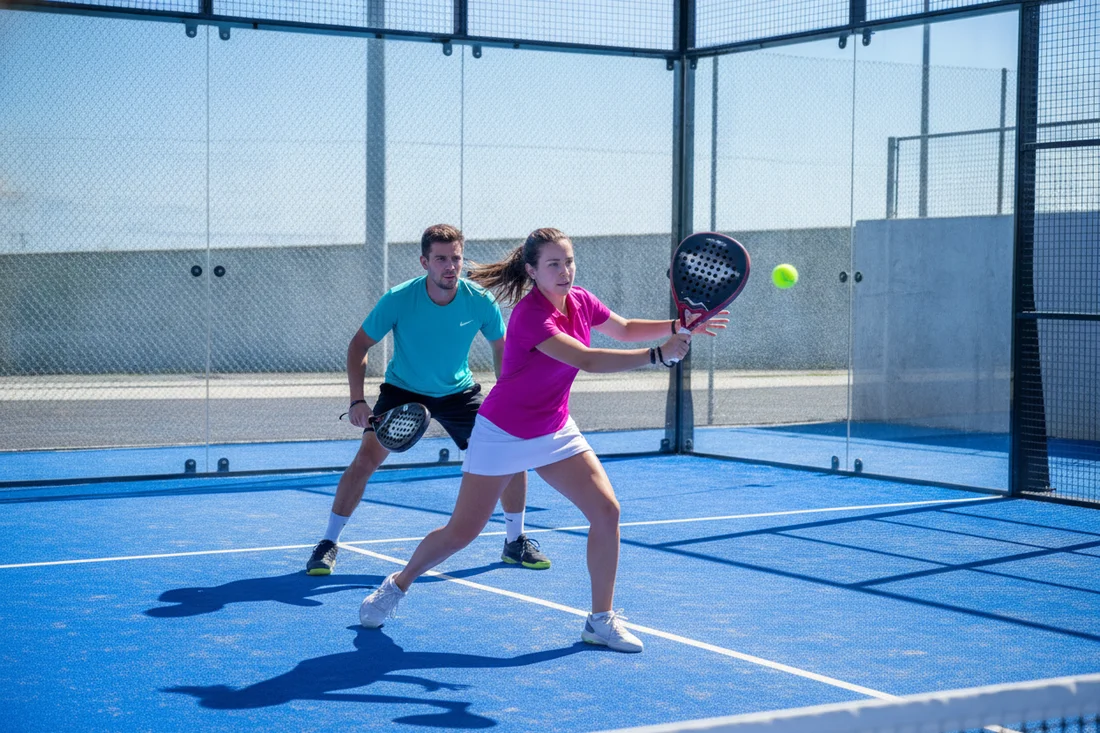 Couple en plein echange au padel, joueuse a la volee au filet