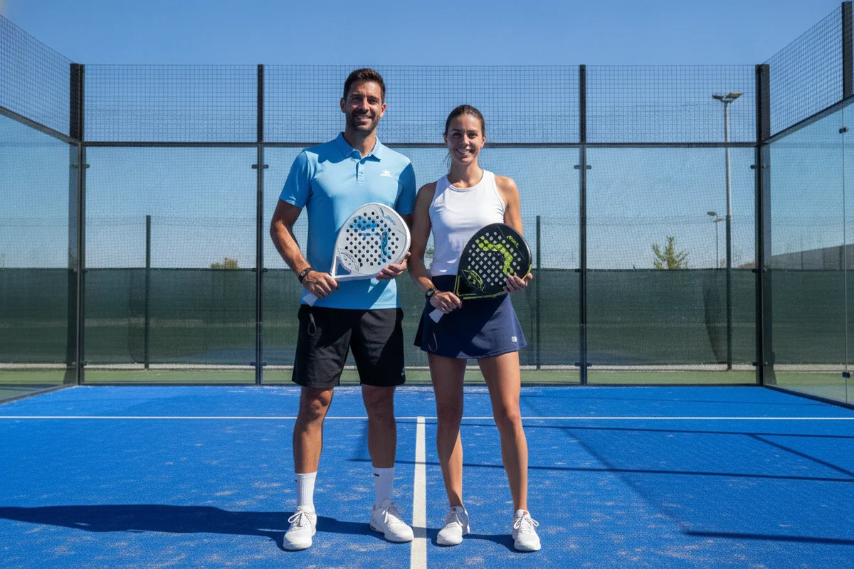 Couple complice qui celebre un point au padel pres du filet