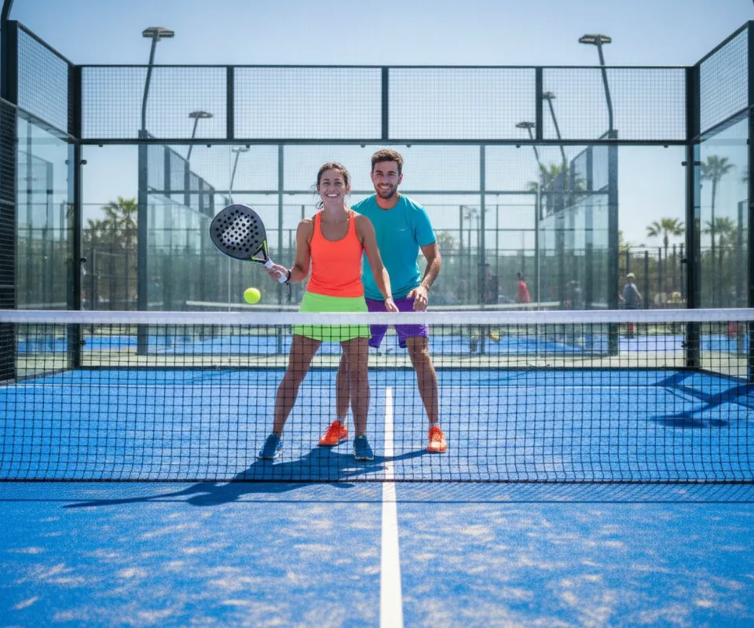 Couple jouant au padel ensemble sur un court bleu ensoleille
