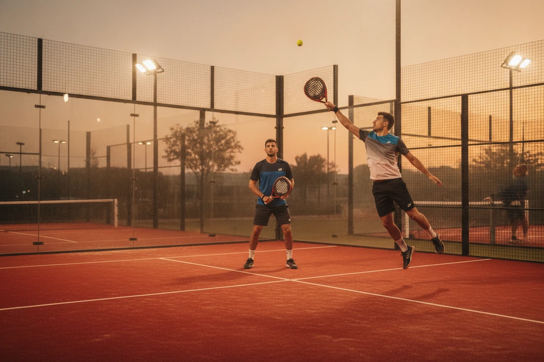 Terrain de padel extérieur au sol rouge éclairé le soir, joueur au smash