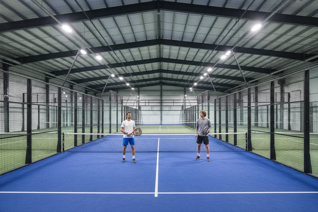 Complexe de padel indoor avec terrain au sol bleu sous structure couverte