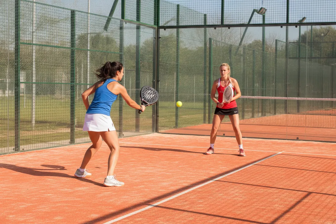 Échange de padel après rebond sur vitre, sol orange en extérieur