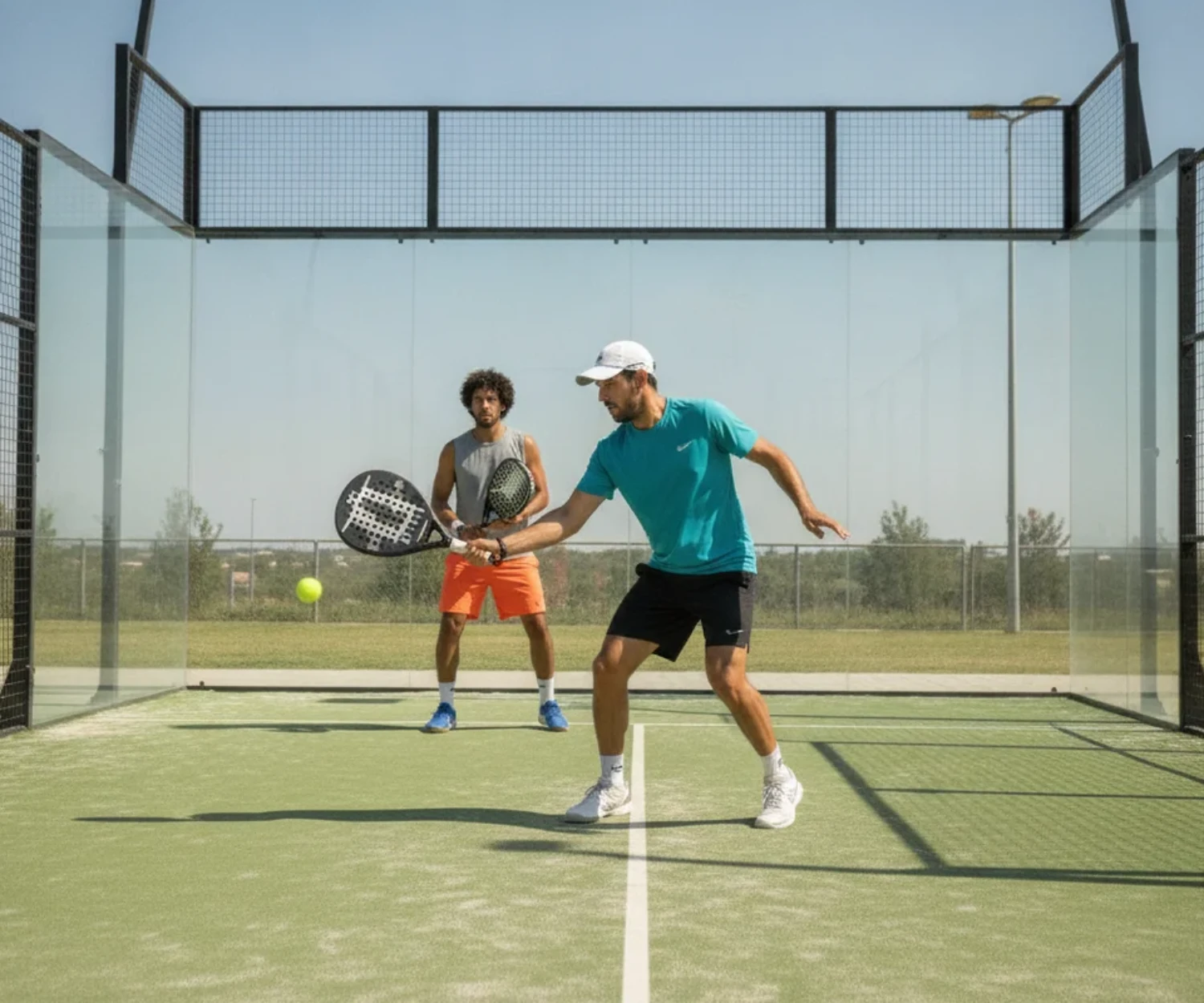 Terrain de padel fermé par des vitres au sol vert, différent d'un court de tennis