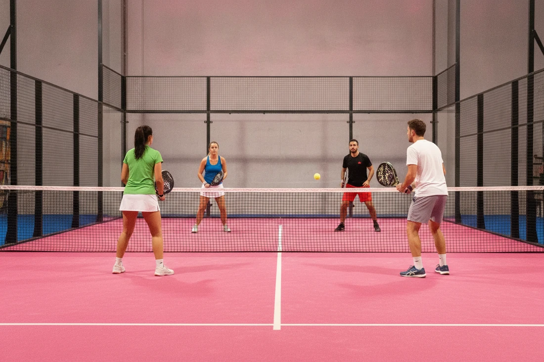 Entraînement de padel en double, joueurs travaillant le smash, terrain indoor rose
