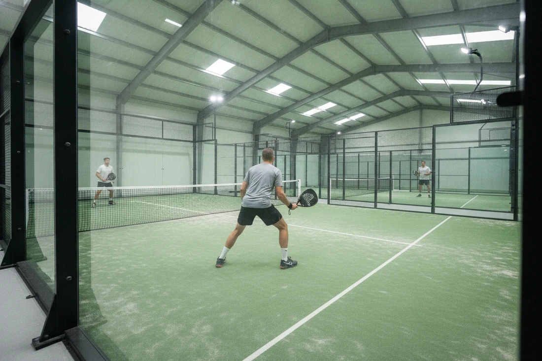 Joueur de padel sortant défendre une balle près de la paroi face à deux adversaires, terrain indoor vert