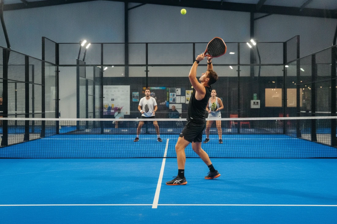 Joueur de padel prêt à smasher une balle haute pour la sortir du court, double, terrain indoor bleu