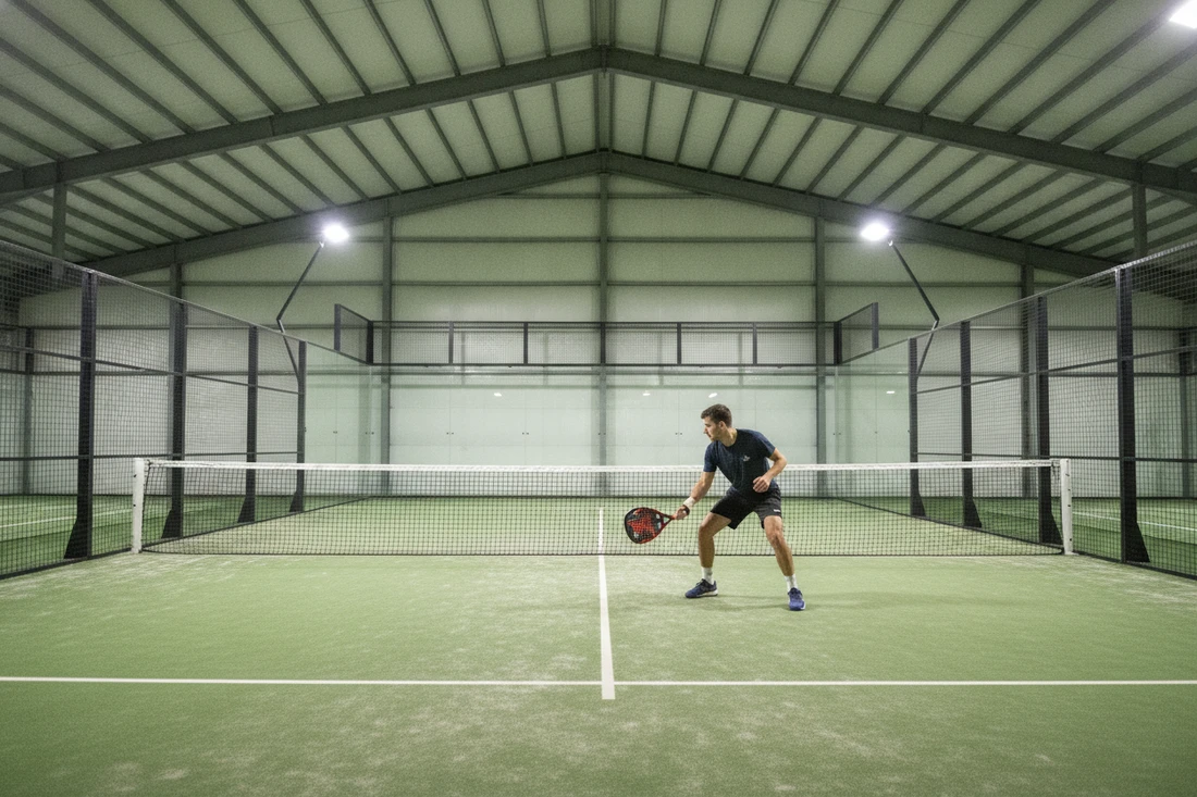 Joueur de padel jouant une balle basse vers les pieds adverses, terrain indoor vert
