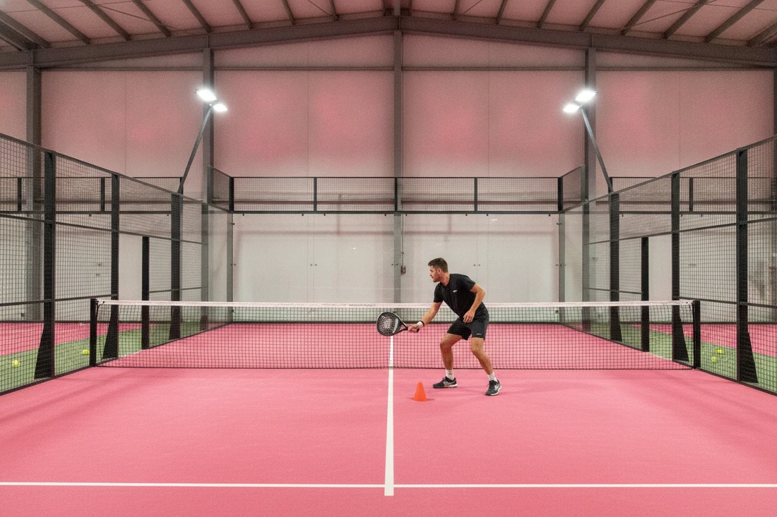 Joueur de padel s'entraînant à viser les pieds, terrain indoor rose