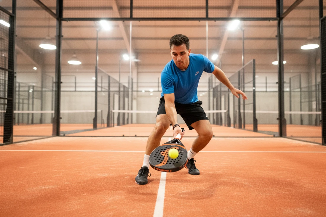 Geste d'une balle basse contrôlée au padel vers les pieds, terrain indoor orange