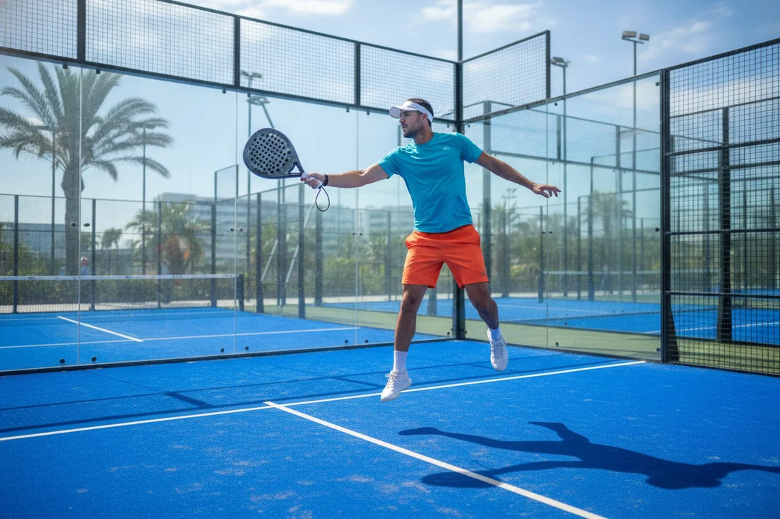 Joueur de padel gardant la meme prise en volee, court bleu