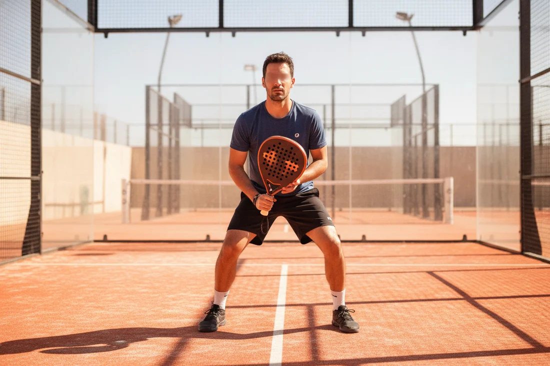 Joueur de padel en position d'attente tenant sa raquette, court orange
