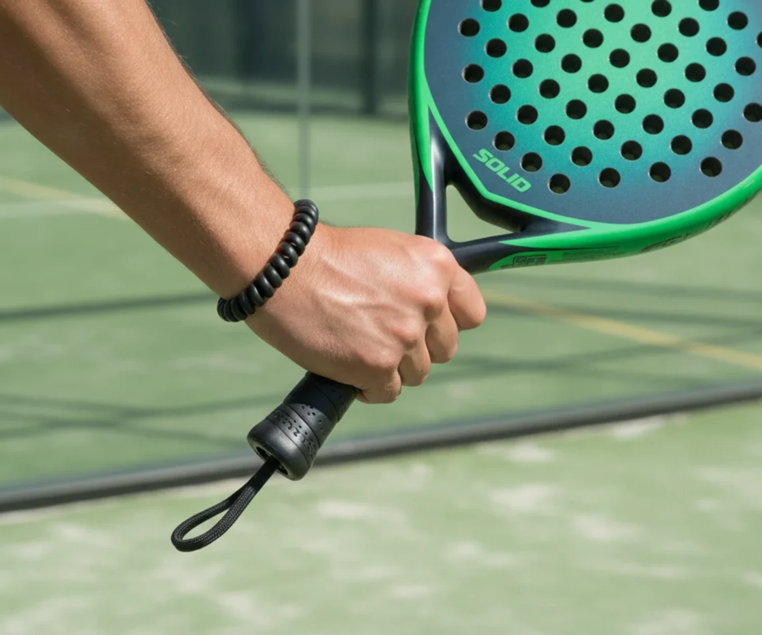 Prise de raquette au padel, main tenant le manche en prise continentale