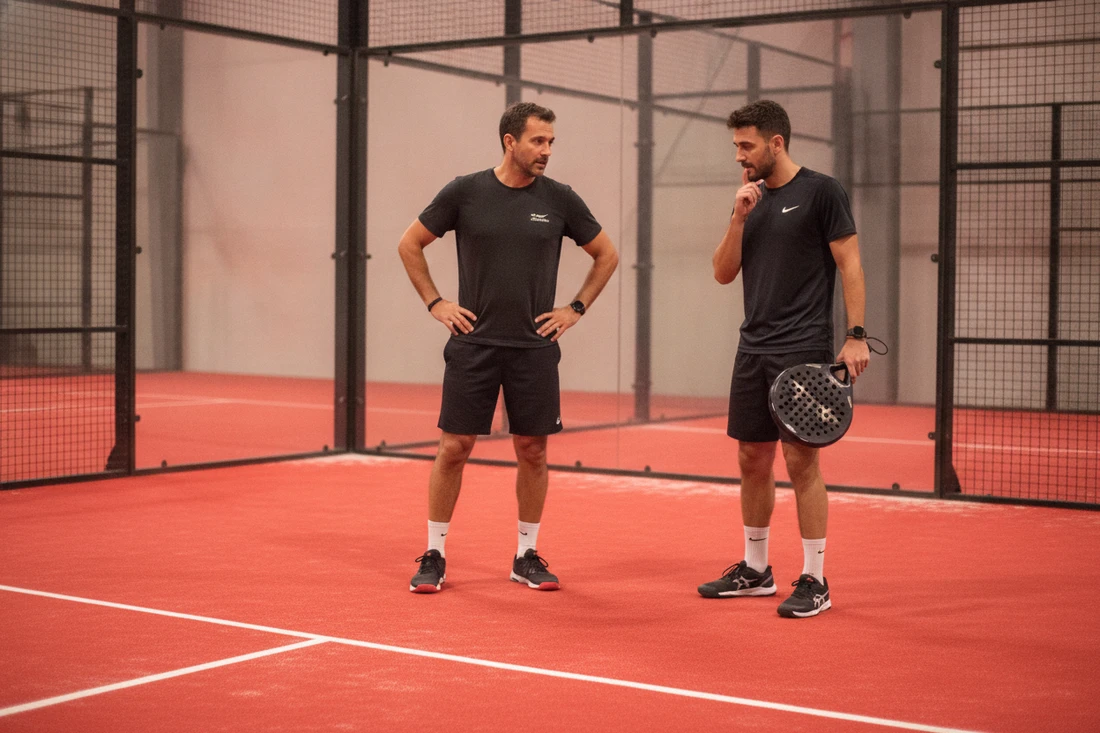 Coach de padel donnant des conseils à un joueur sur un terrain indoor au sol rouge