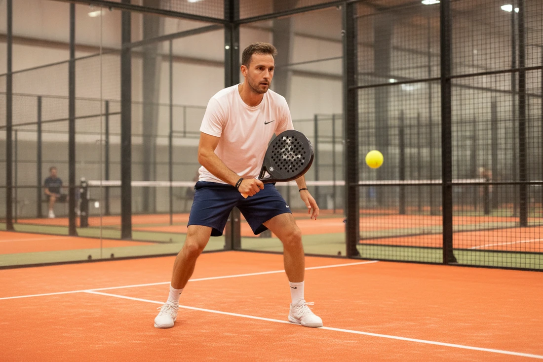 Joueur de padel concentré en plein échange sur un terrain indoor au sol orange
